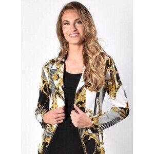 Frank Lyman Jacket Bold Graphic Design Black Gold Fitted Front Pockets Size 6